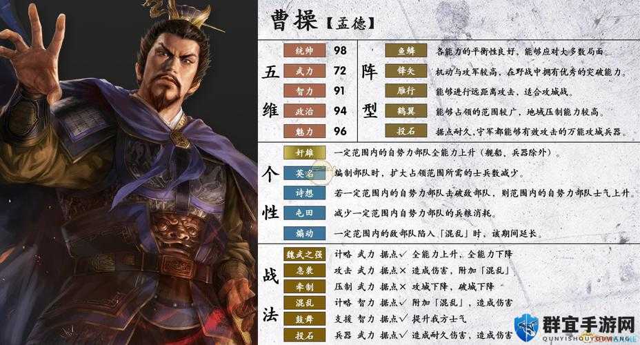 三国志14曹操数据图鉴，魏国武将曹操能力属性一览